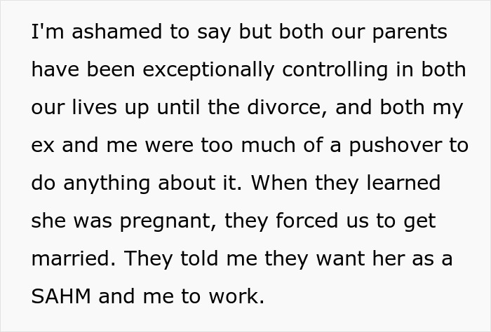 Text discussing controlling parents, divorce, and traditional gender roles with SAHM expectations.