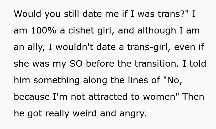 Text expressing a refusal to date a boyfriend if he were trans, mentioning personal attraction preferences.