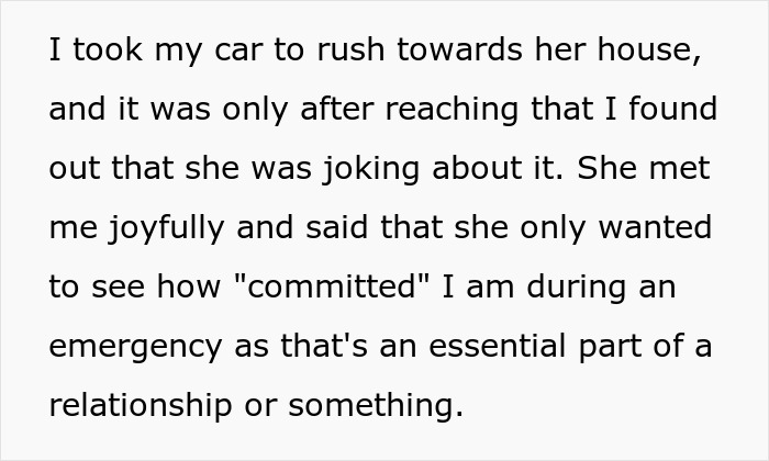 A text exchange about testing commitment in relationships, mentioning a rushed drive to a girlfriend's house.