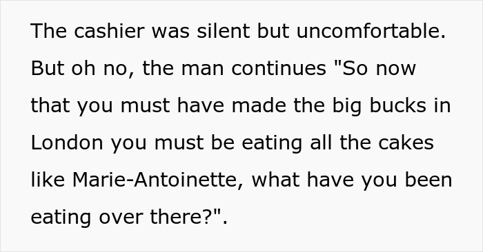 Text discussing discomfort relating to fat-shaming, mentioning Marie-Antoinette and eating habits in London.