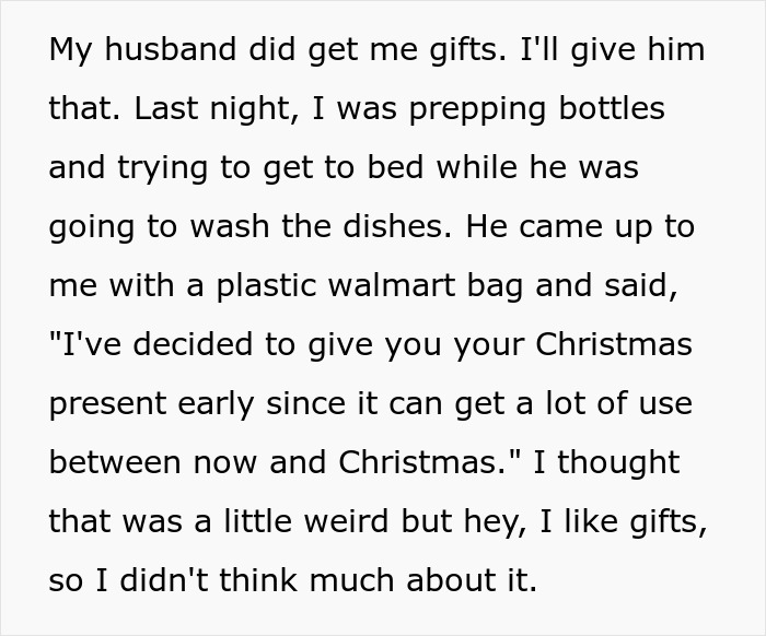 Text describes a husband giving his wife an early Christmas gift.