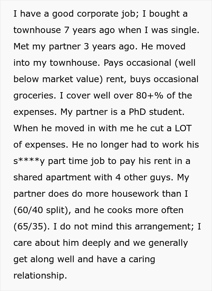 Text about partner housework exchange with chore and expense sharing details.