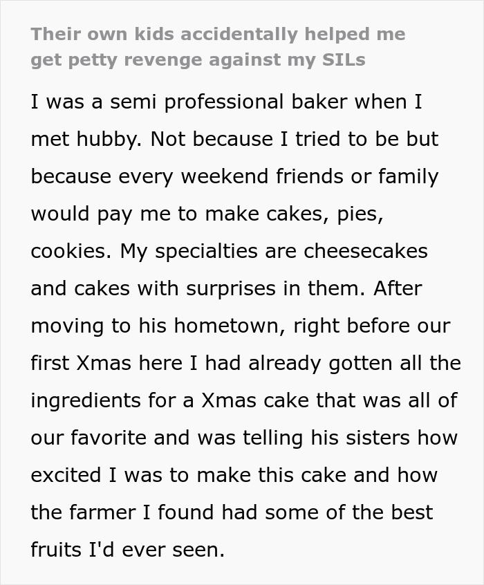 Text about baking, family, and preparing a special cake for Christmas, highlighting kids-revenge-SIL theme.