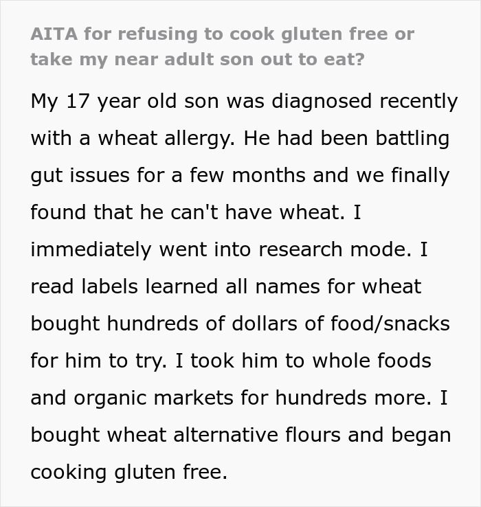 Mom researches gluten-free diet for son’s wheat allergy, buys alternative flours and snacks to accommodate his needs.