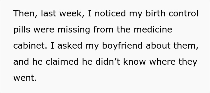 Text about a boyfriend hiding birth control pills, denying knowledge of their whereabouts.