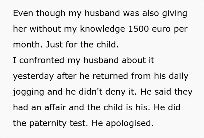 Text reveals a husband admitting to an affair with a neighbor's daughter, leading to a secret child and paternity revelation.