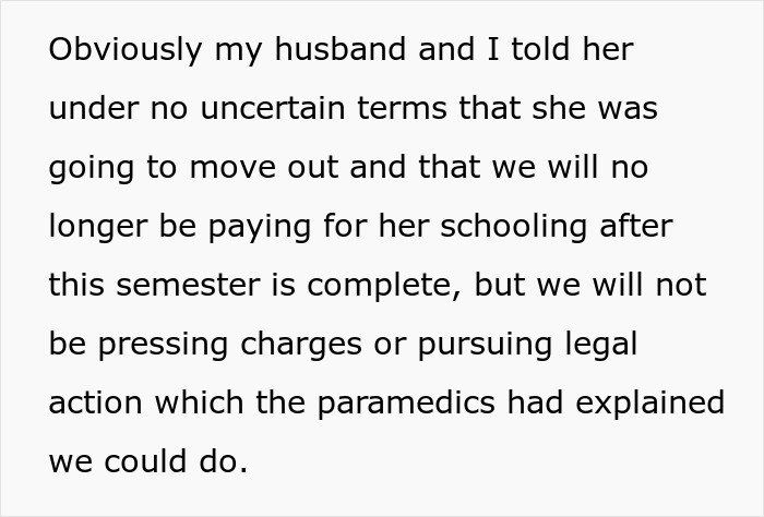 Text discussing refusal to pay for sister's college after toddler's concussion incident.