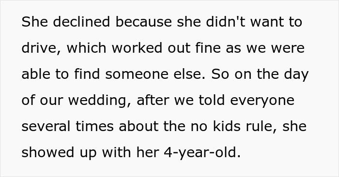 Text about a bride being called hypocritical for bringing her 11-month-old to her own child-free wedding.