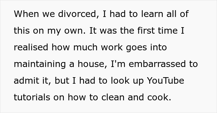 Text excerpt discussing learning chores post-divorce, highlighting the work involved in house maintenance.