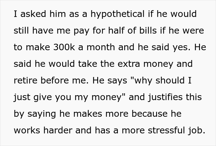 Text exchange discussing 50/50 bill split despite one earning twice as much, highlighting financial priorities.