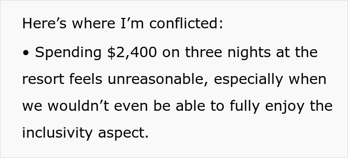 Text about groomsman's struggle with affording a $2,400 destination wedding expense for three nights at a resort.