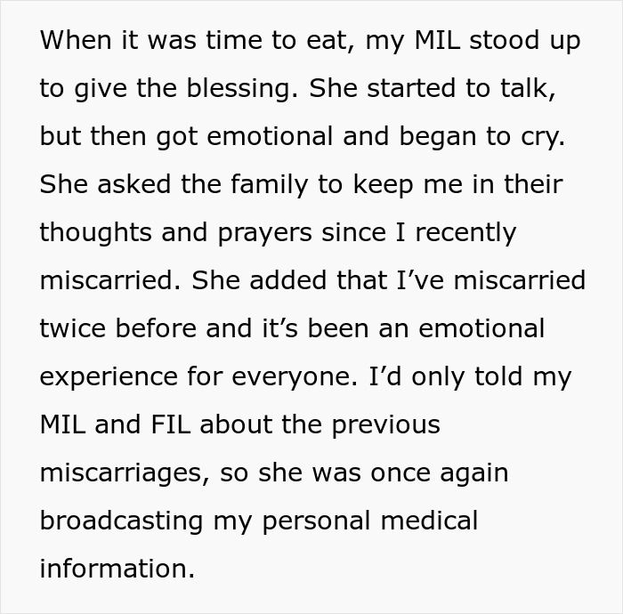 Text from an article discussing a woman’s Thanksgiving affected by MIL revealing her miscarriages.