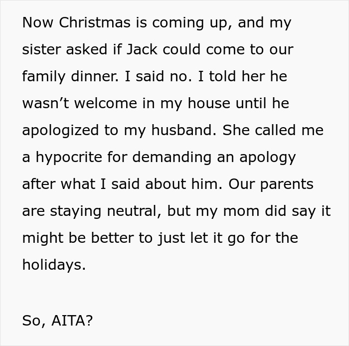 Text about sister refusing sibling's boyfriend at Christmas dinner, discussing family tensions and seeking advice.