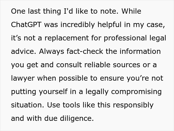 Screenshot of tenant advice on using ChatGPT responsibly, emphasizing fact-checking and consulting legal professionals.