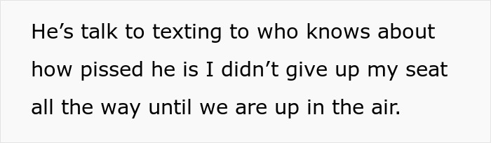 Text discussing a passenger's reaction after being denied a plane seat change, describing irritation and texting behavior.