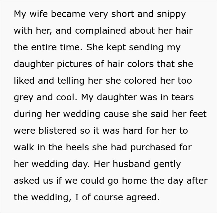 Text describing wedding day conflict over hair, leading to tears and discomfort.