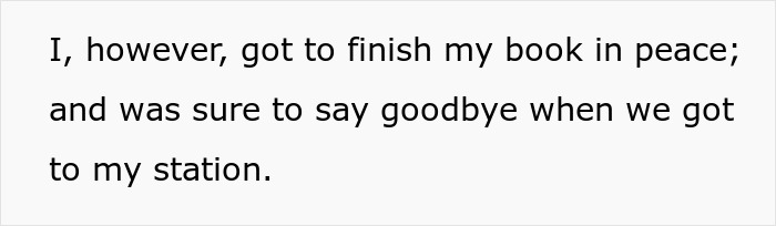 Text from a train passenger's story about finishing a book peacefully after dealing with an entitled mom and her child.