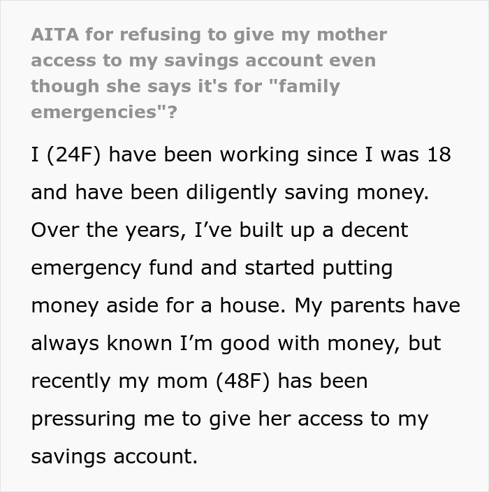 Text about refusing mother access to savings for money and family emergencies.