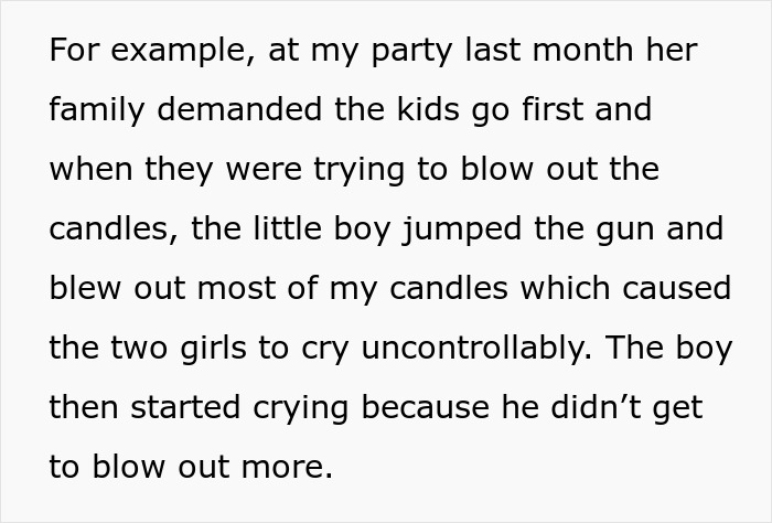 Text describing kids blowing out candles and causing tears at a party.