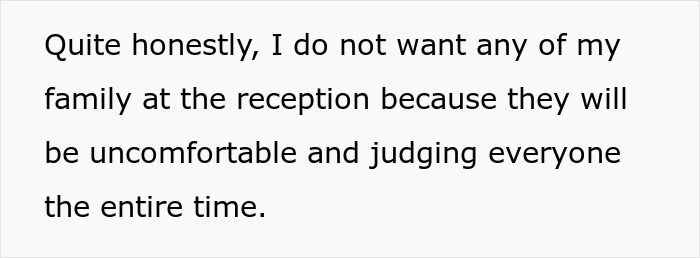 Text discussing discomfort about family at a wedding reception, related to a bride changing the wedding date.