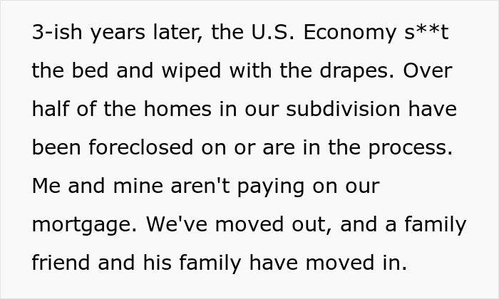 Text describing economic downturn, foreclosures, and homeownership issues in a subdivision.