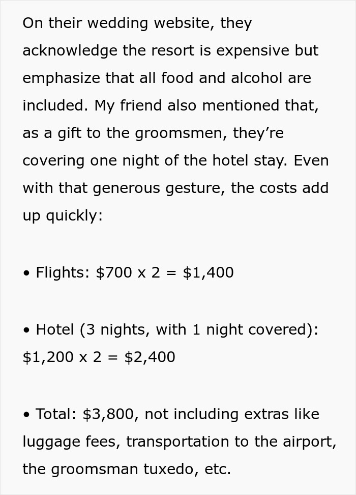 Groomsman cost breakdown showing flights and hotel expenses for destination wedding.