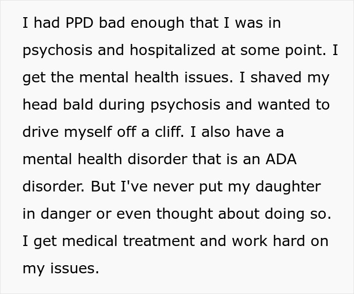 Text discussing personal experience with PPD, highlighting mental health struggles and care for a daughter.