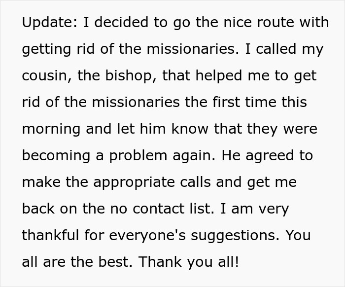 Text of a message discussing a strategy to manage persistent Mormons with the help of a bishop.