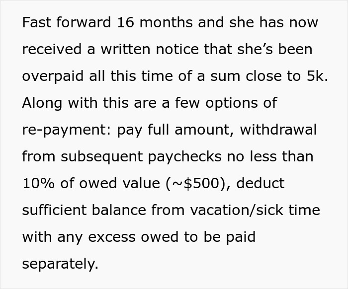 Written notice of a 16-month overpayment with repayment options, including full amount or paycheck deductions.