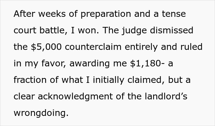 Court victory text detailing a tenant's win over a landlord after using ChatGPT for legal support.