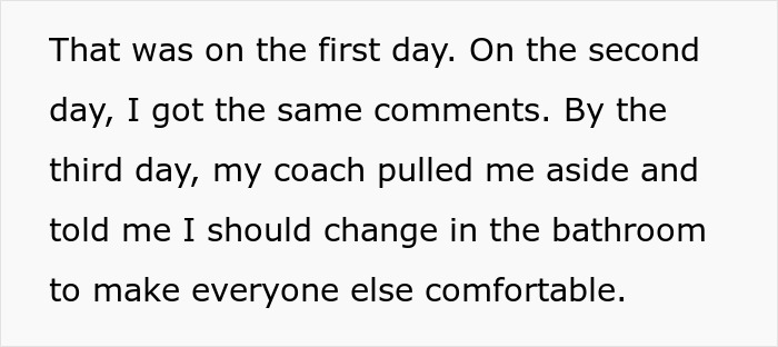 Text excerpt discussing a coach's request for a teen to change in the bathroom for others' comfort.