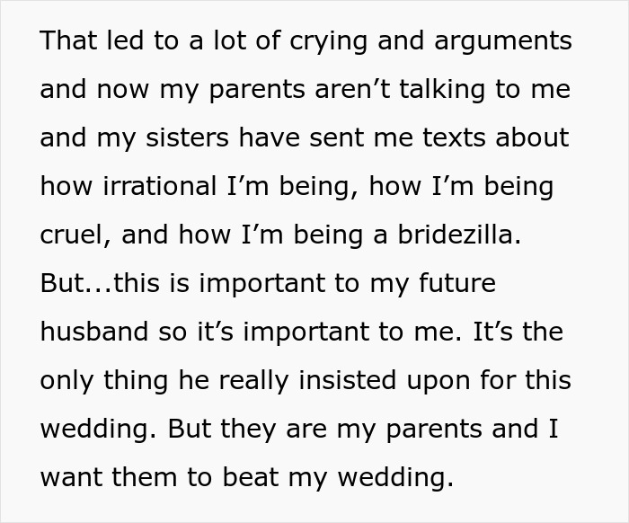 Text highlights family conflict over wedding traditions, mentioning a bride and her fiancé.