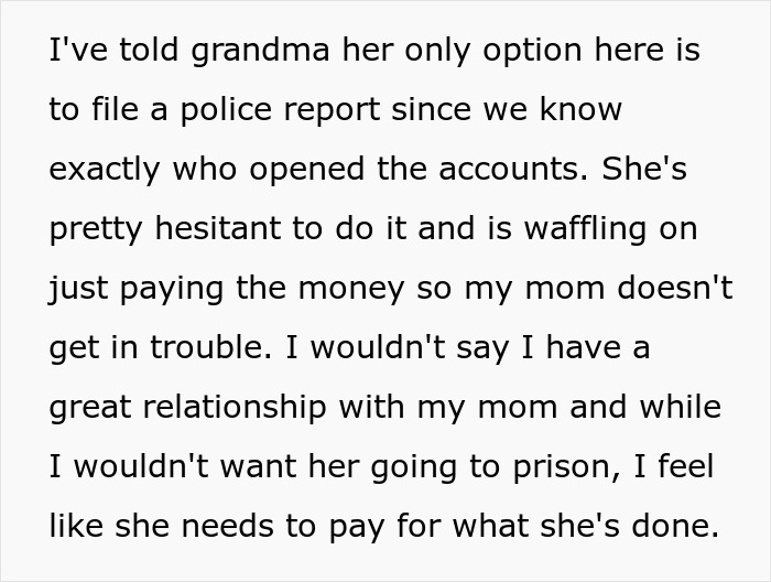 Text image discussing grandma's suspicion of fraud after discovering $20,000 debt linked to her daughter's actions.