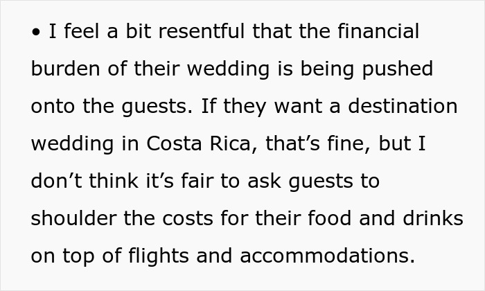 Text expressing a groomsman's concern about affording a destination wedding in Costa Rica.