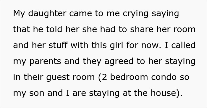 Text describing a mom's decision on sharing daughter's room due to husband's affair baby, affecting their family dynamics.