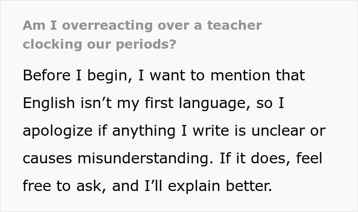 Text discussing concerns about a teacher tracking periods, with an apology for any language misunderstandings.