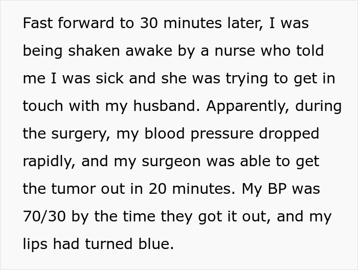 Text from an emotional account describing a critical moment during surgery, husband's absence noted.