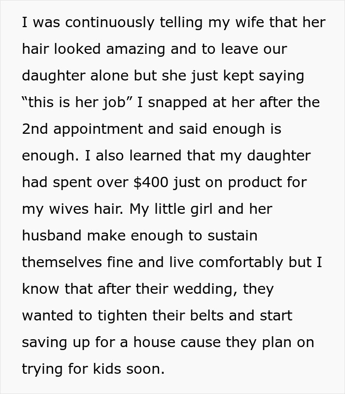 Text about a woman's demands for hair at her daughter's wedding, causing family tension and mention of a divorce threat.