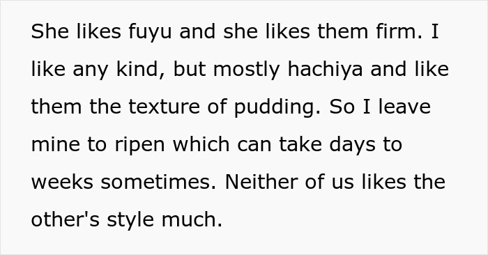 Text about a wife liking firm fuyu fruit while her husband prefers ripe hachiya with pudding texture, highlighting differing tastes.