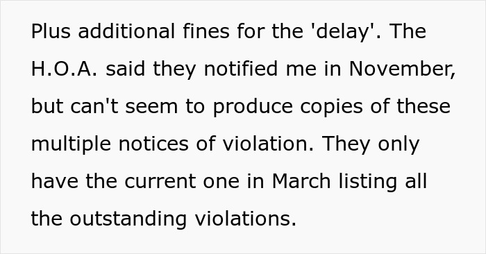 Text about HOA fines over alleged violations, homeowner disputes documentation.