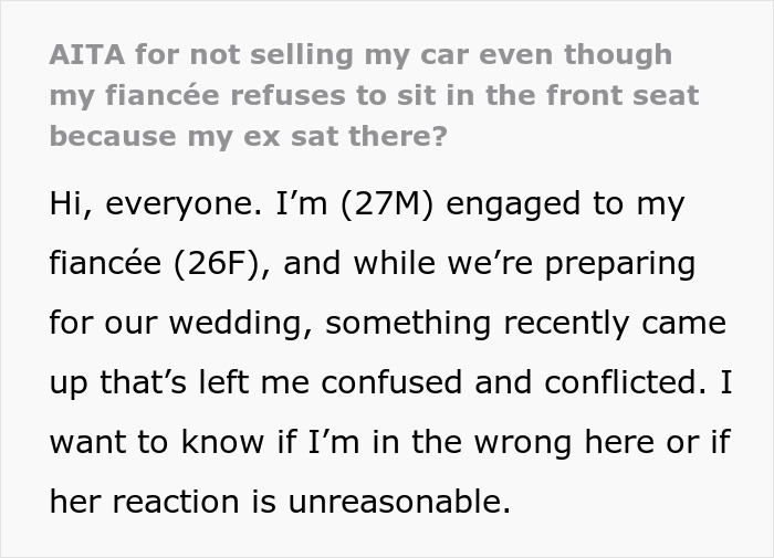 Text discussing fiance's demand to sell car due to ex sitting in the front seat.