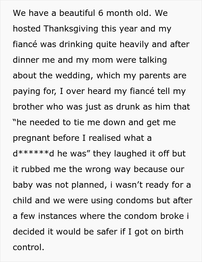 Text about a joke involving an unplanned pregnancy and an upset fiancé at Thanksgiving.