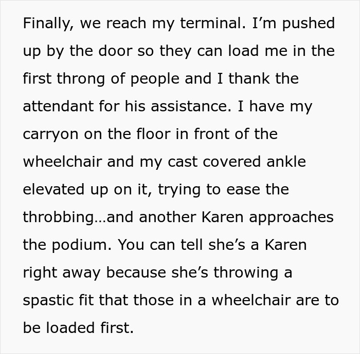 Text about a woman in a wheelchair at an airport with a cast on her ankle facing an aggressive person.