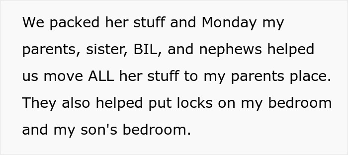 Text about family moving belongings and securing rooms after a decision regarding husband's affair baby.