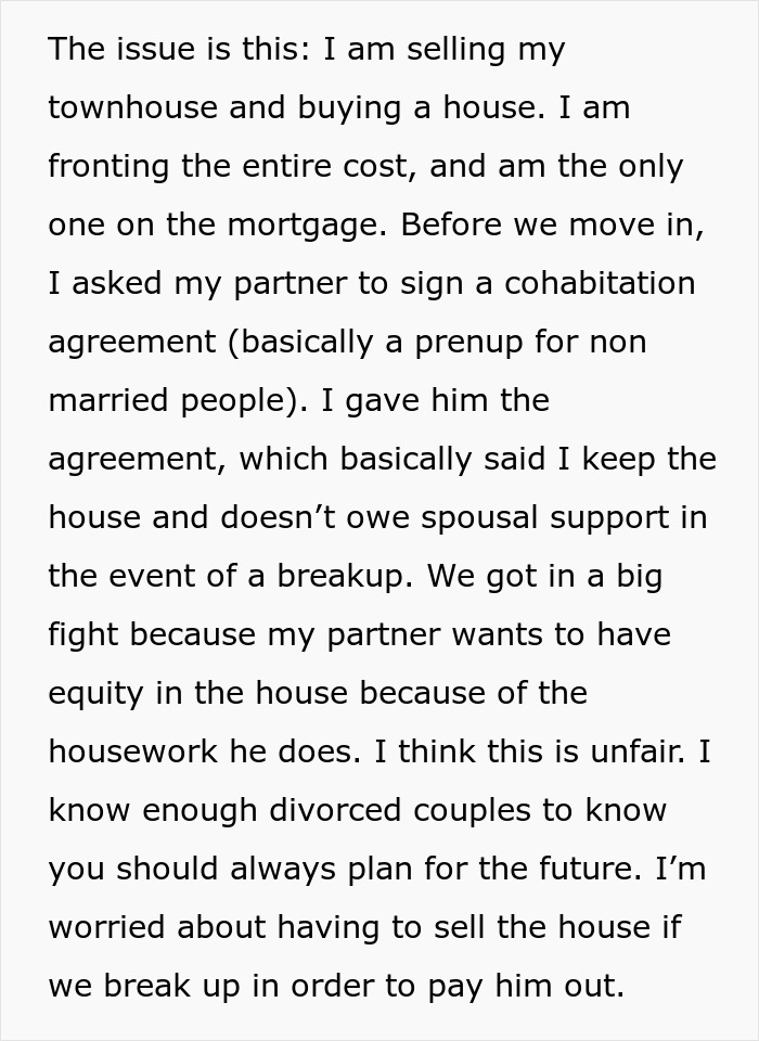 Text discussing partner housework exchange in relation to property equity and cohabitation agreement concerns.