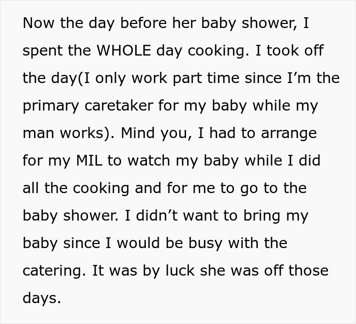 Text about a woman uninvited from a baby shower discussing her cooking and caregiving efforts.