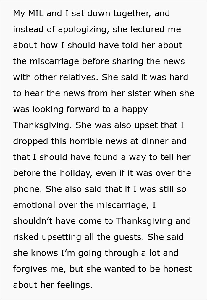 Text describing a family conflict during Thanksgiving over sharing miscarriage news.