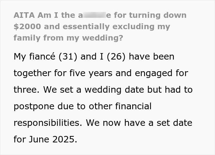 Text discussing wedding date postponement and rejecting financial aid.