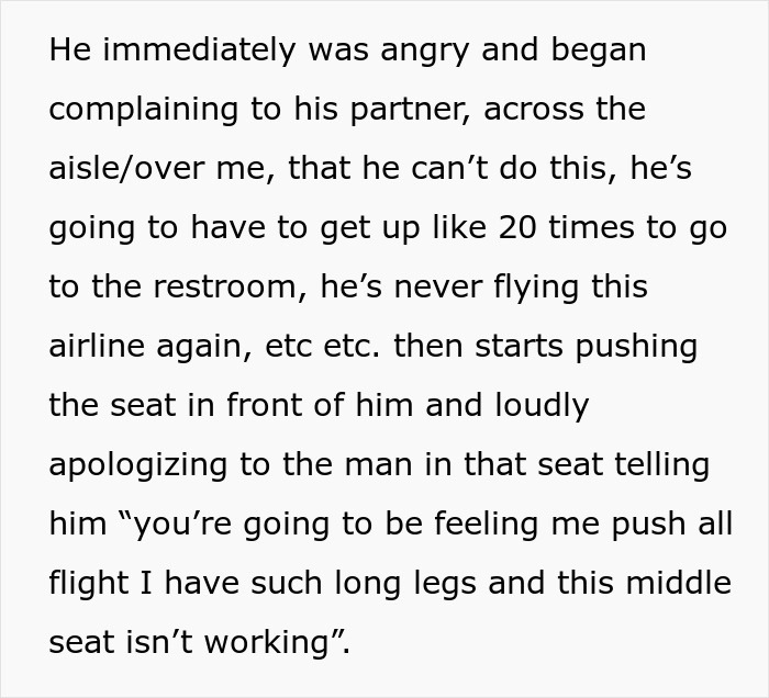 Text depicting an upset passenger on a plane, expressing frustration over denied seat request and long legs discomfort.