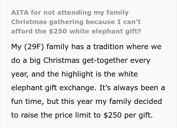 Text discussing a woman's dilemma about skipping a family Christmas party due to a costly white elephant gift limit.